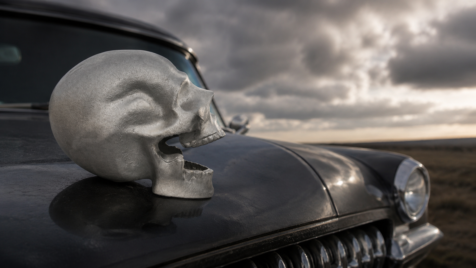 Raw silvery-grey cast aluminum skull hood ornament mounted on the hood of a black vintage car under a dramatic cloudy sky.