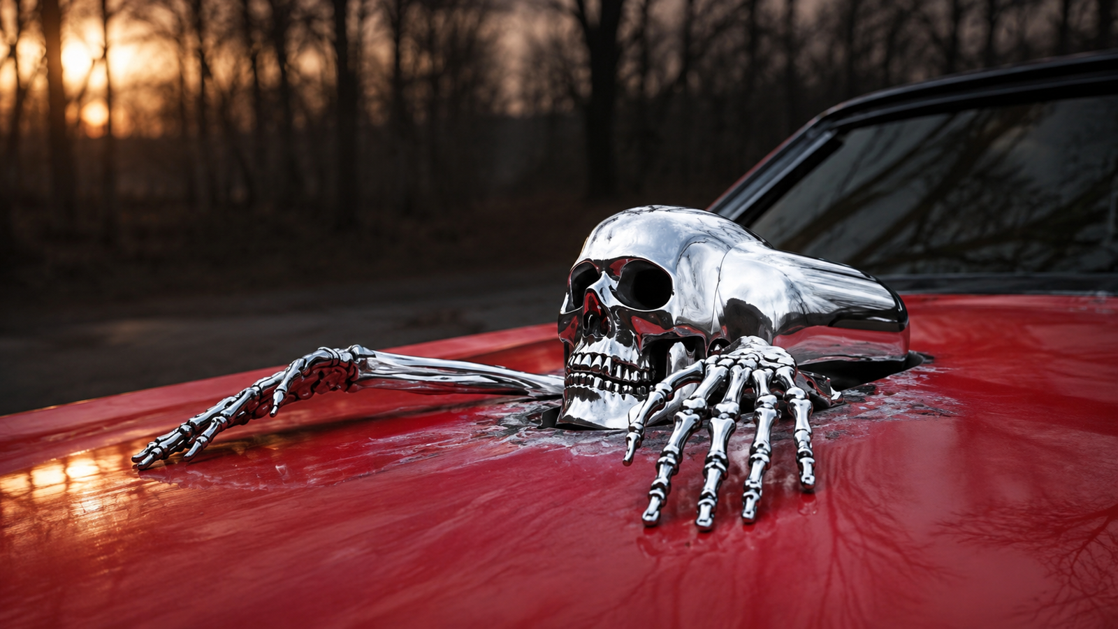 Chrome skull hood ornament with outstretched hands on a red car, set against a forest backdrop at sunset.