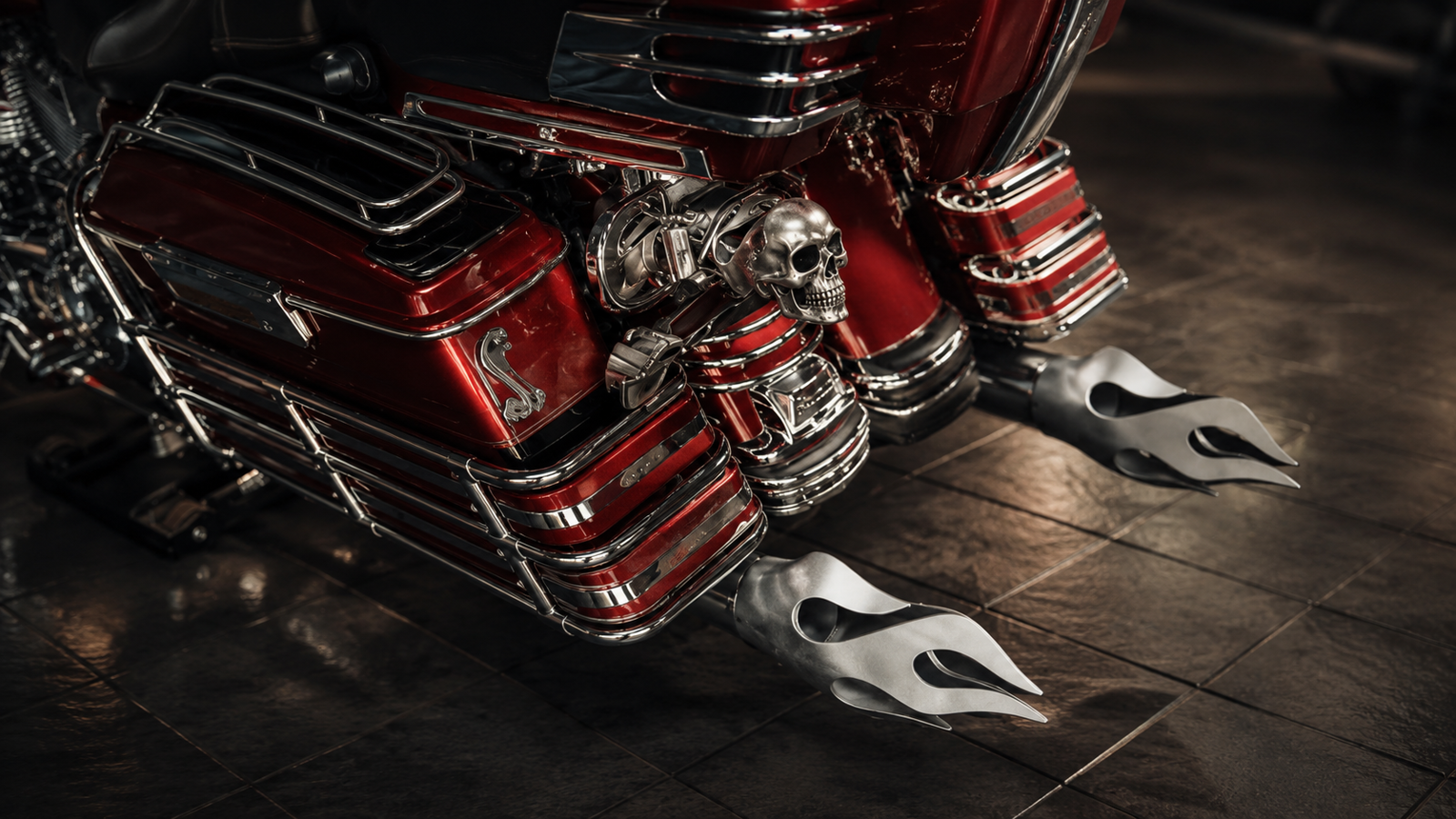 Custom motorcycle with red body, chrome exhausts featuring flame designs, and a skull air cleaner.