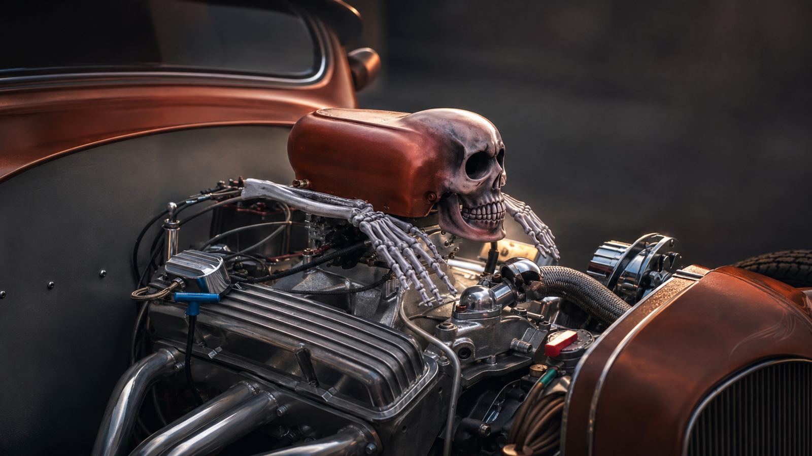 Close-up of a hot rod engine featuring a skull air cleaner with skeletal hands, vintage styling.
