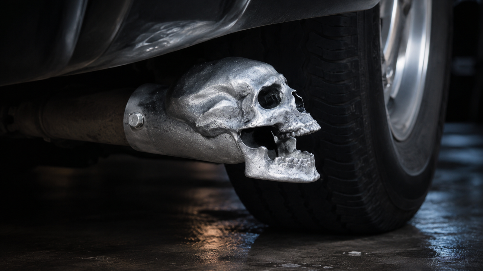 Raw silvery-grey cast-metal skull exhaust tip mounted under a vehicle near the rear tire on a dark garage floor.