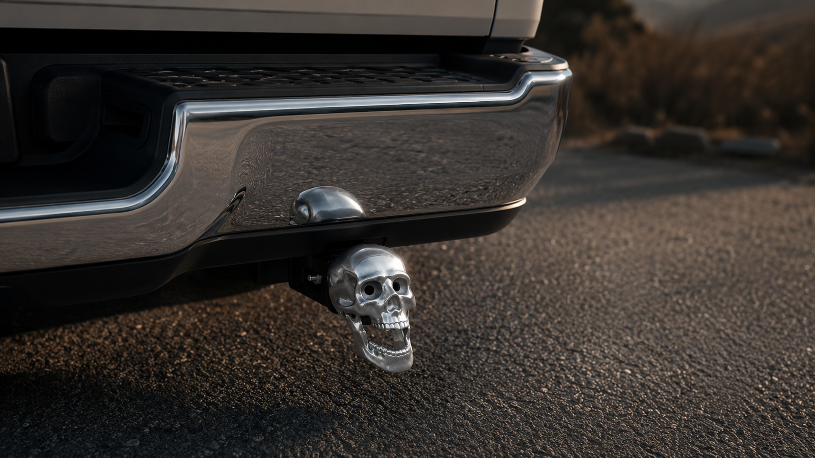 Silver skull hitch cover attached to a truck's tow hitch, parked on a road with a mountainous background.