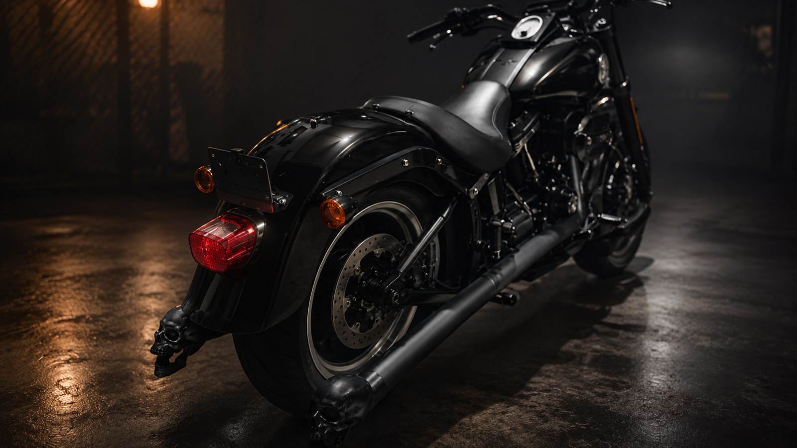 Black cruiser motorcycle rear view with dual matte-black skull exhaust tips, red tail light, and dark industrial garage background.
