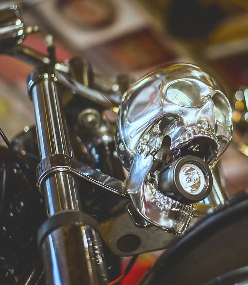 Polished aluminum skull headlight with lit lens mounted on a motorcycle fork