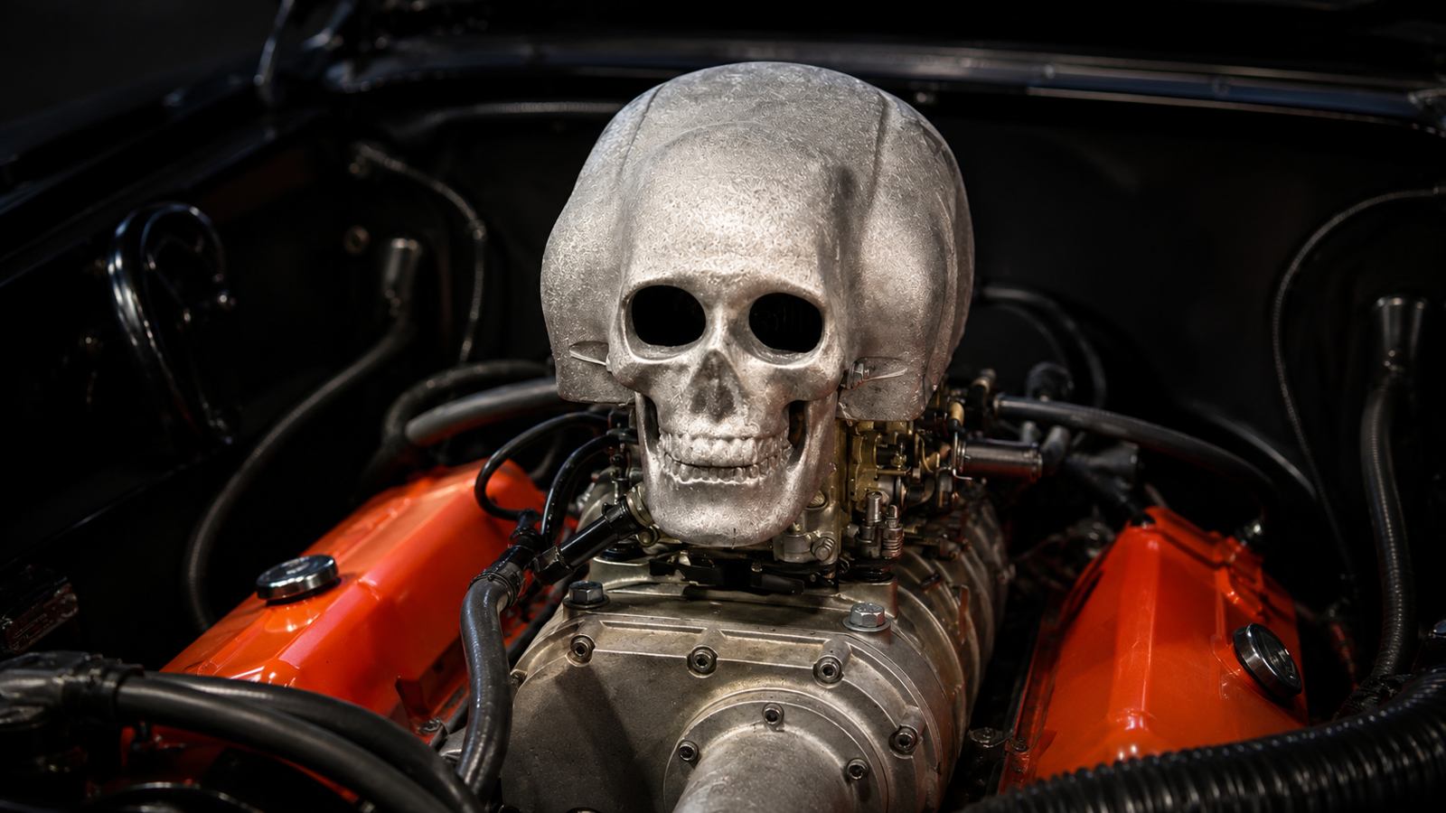 Close-up of a skull-shaped air cleaner installed on a classic car engine with orange valve covers.